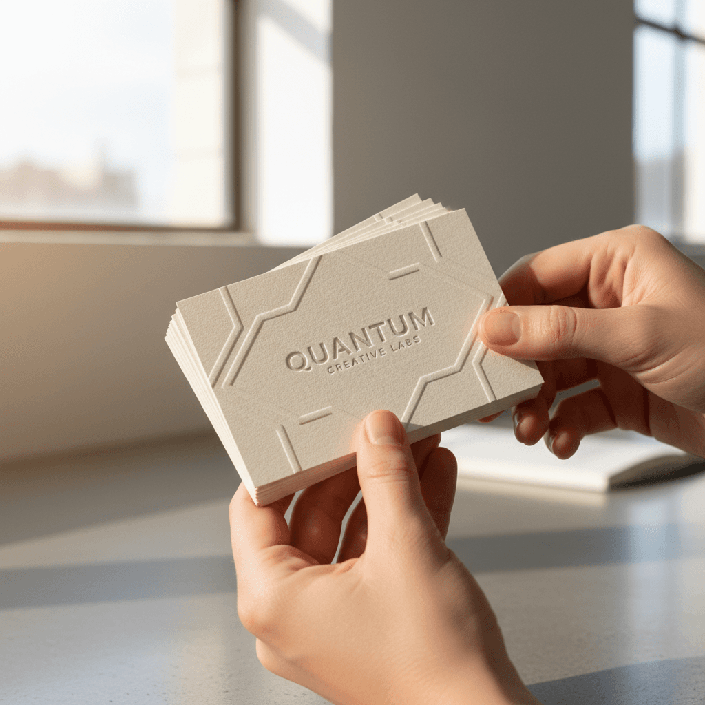 Customer hands examining stack of freshly printed business cards showing embossed detail and premium cardstock quality
