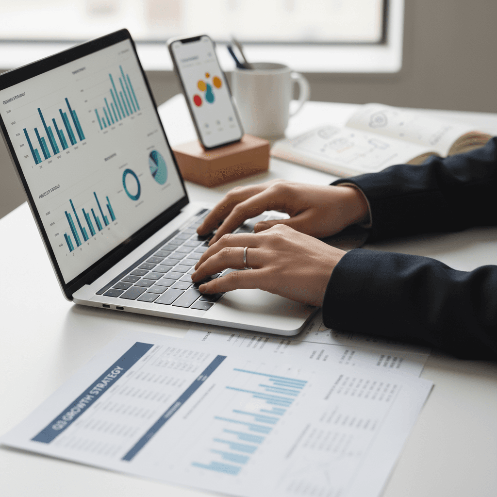 Entrepreneur's hands typing at minimalist white desk with business notes, laptop, and financial charts in natural window light