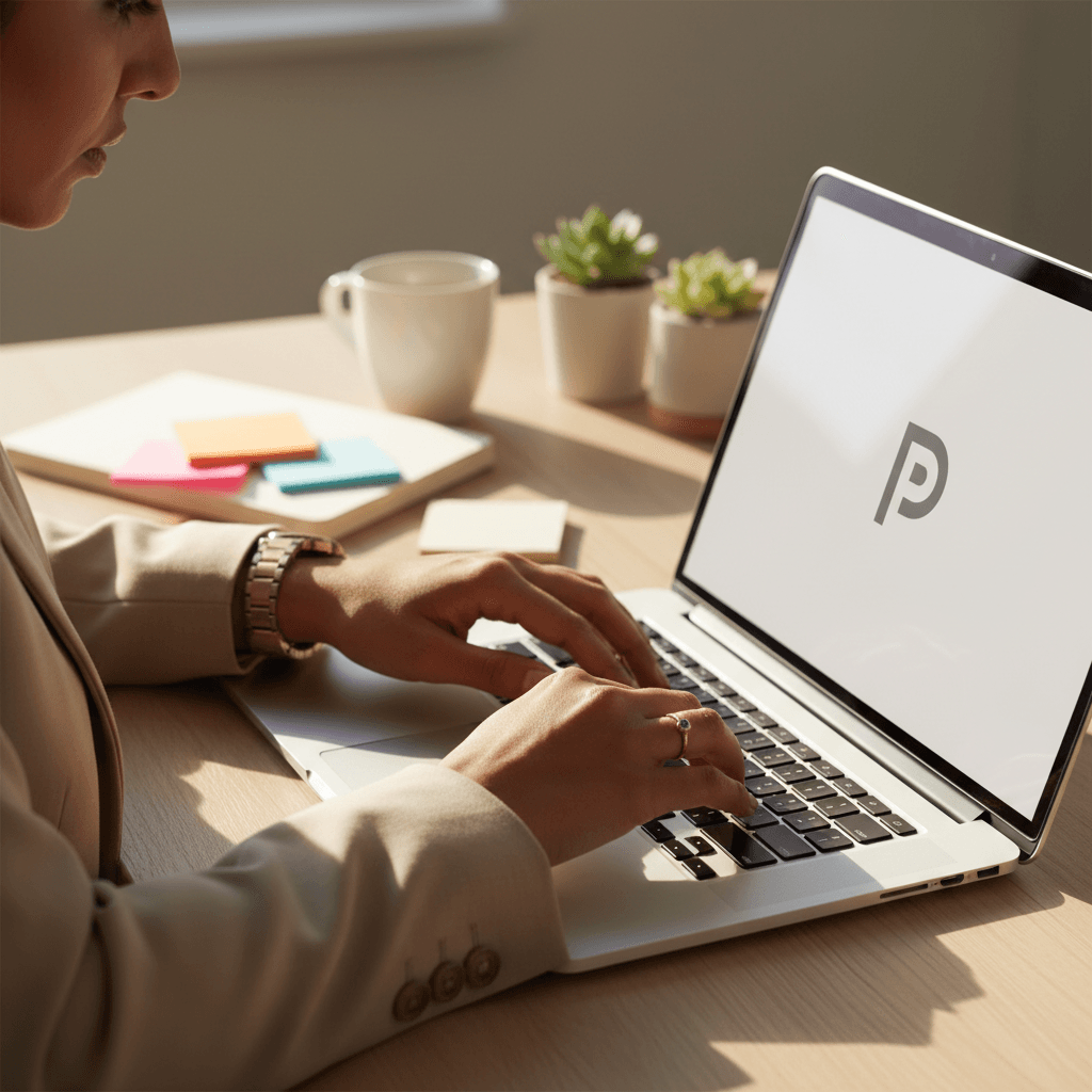 Business owner reviewing branded digital kit on laptop