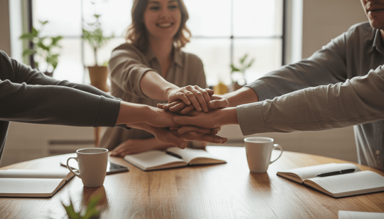 Diverse hands joined together on wooden table in bright office space, symbolizing community partnership and collaboration