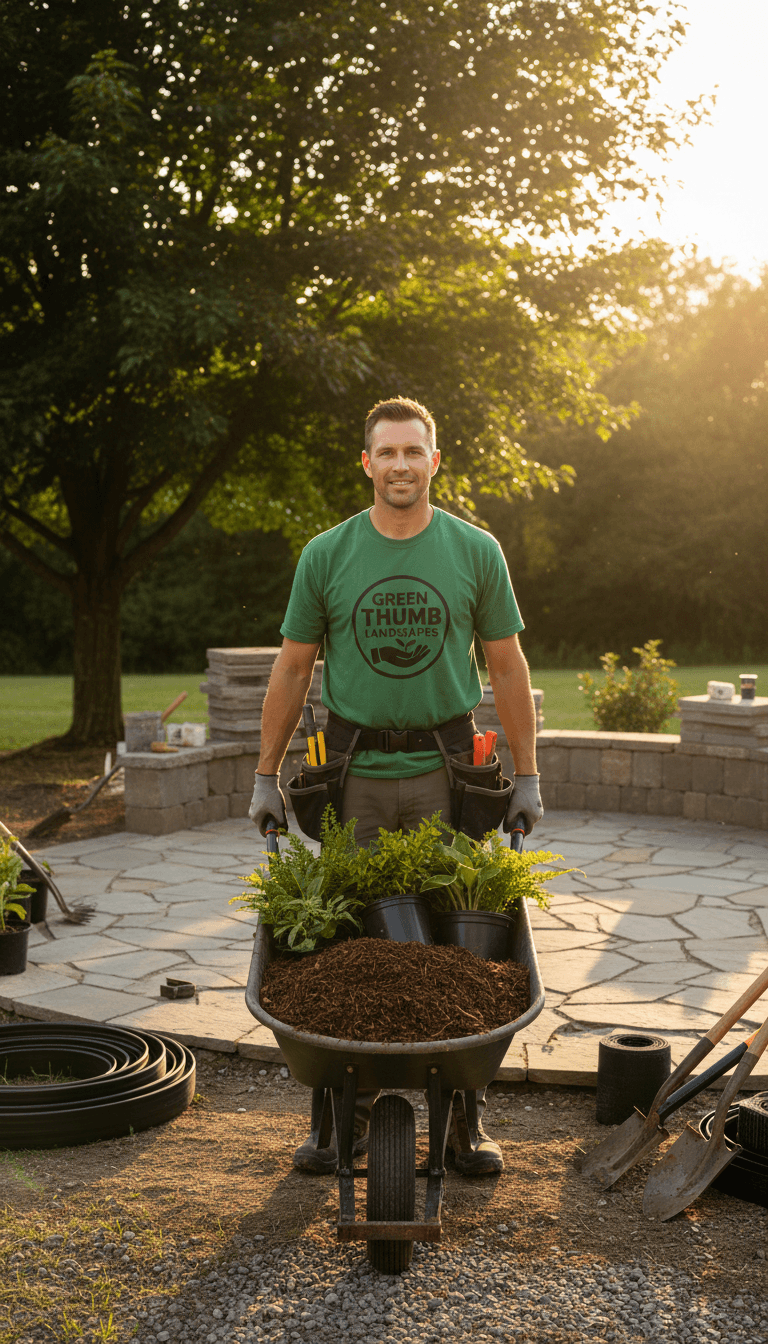Professional landscaper in work gear standing with wheelbarrow of materials in residential backyard during hardscape installation project.