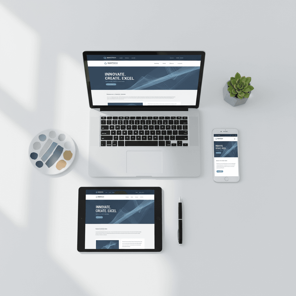 Overhead view of smartphone, tablet, and laptop displaying same responsive website design across different screen sizes