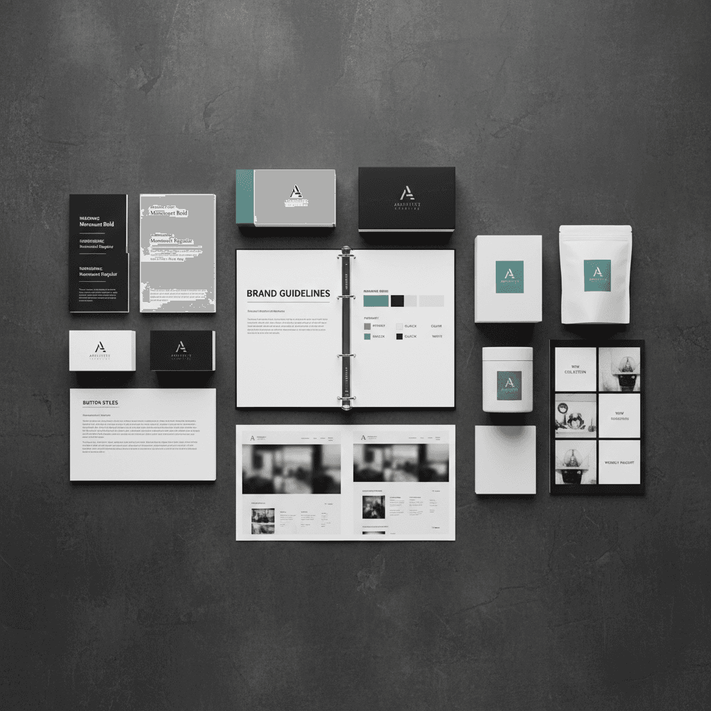 Overhead view of brand system documentation showing color palettes, typography samples, stationery, and style guide pages