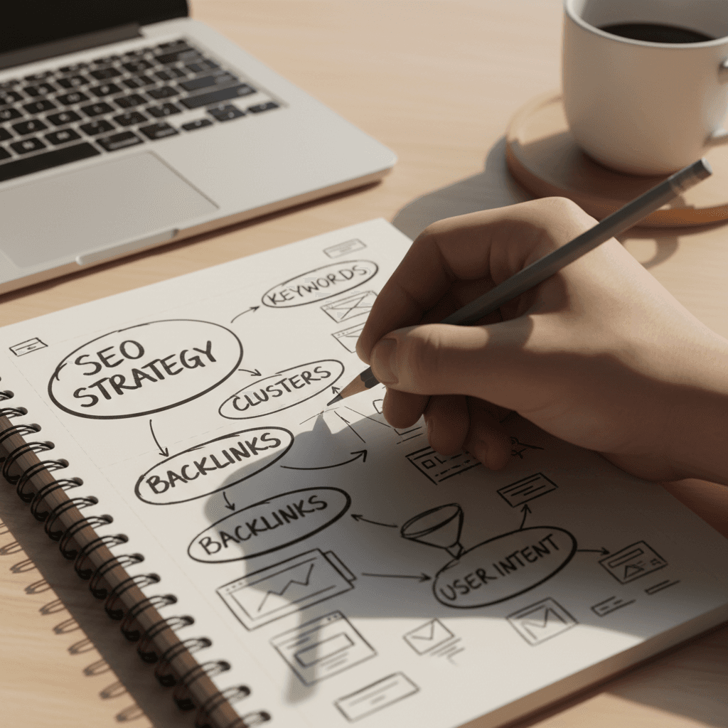 Marketing strategist hand-writing SEO keyword research and optimization notes in notebook